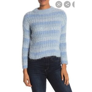 Love By Design Women's Blue Striped Crop Sweater Eyelash Knit Medium